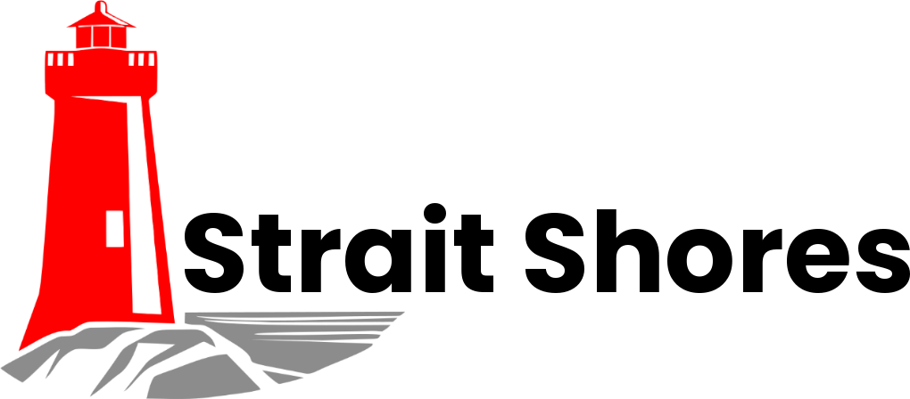 This is the Strait Shores logo. It features an illustration of a lighthouse on a rocky shore.